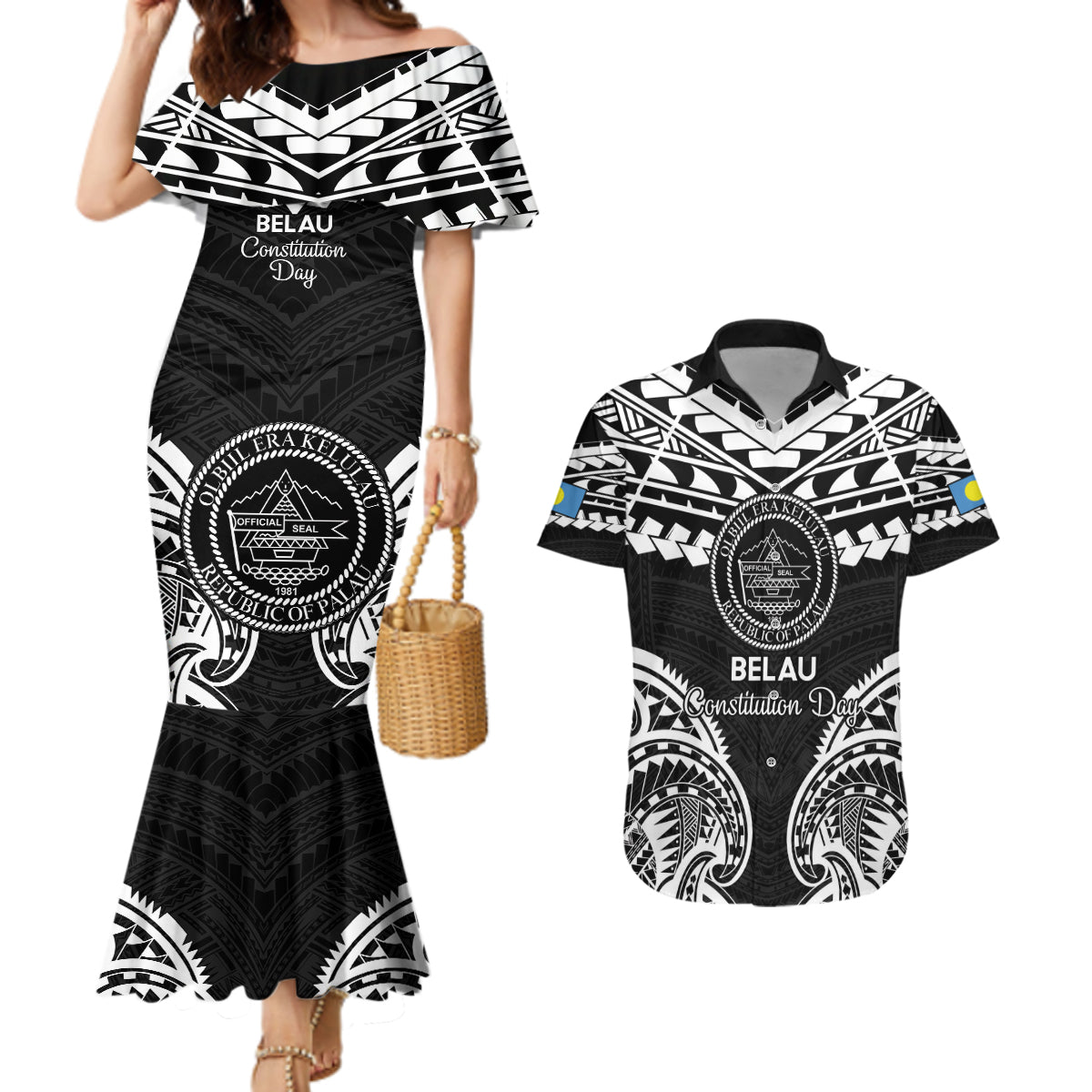 Palau Constitution Day Couples Matching Mermaid Dress and Hawaiian Shirt Belau Seal With Polynesian Pattern - Black