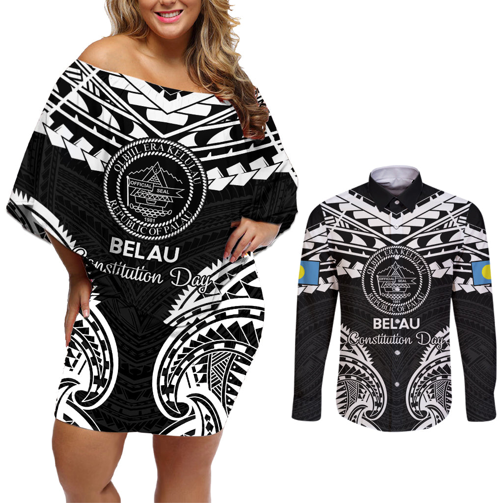 Palau Constitution Day Couples Matching Off Shoulder Short Dress and Long Sleeve Button Shirt Belau Seal With Polynesian Pattern - Black