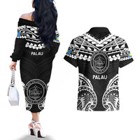 Palau Constitution Day Couples Matching Off The Shoulder Long Sleeve Dress and Hawaiian Shirt Belau Seal With Polynesian Pattern - Black