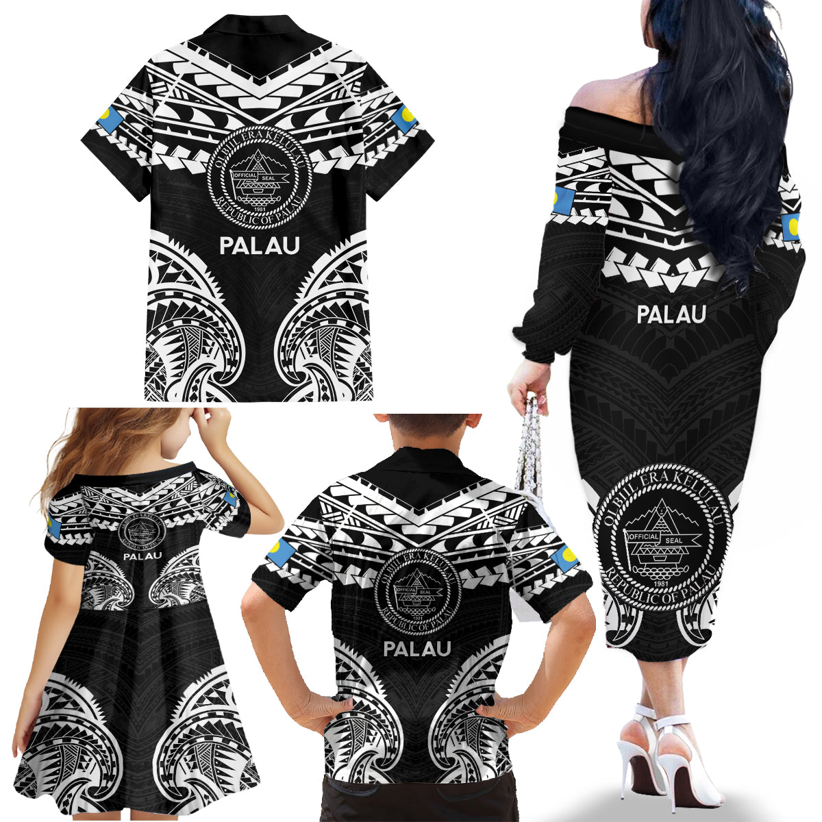 Palau Constitution Day Family Matching Off The Shoulder Long Sleeve Dress and Hawaiian Shirt Belau Seal With Polynesian Pattern - Black