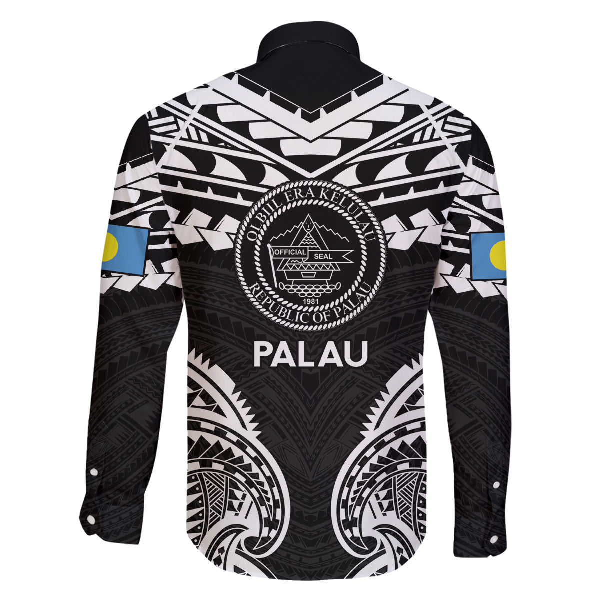 Palau Constitution Day Family Matching Off The Shoulder Long Sleeve Dress and Hawaiian Shirt Belau Seal With Polynesian Pattern - Black