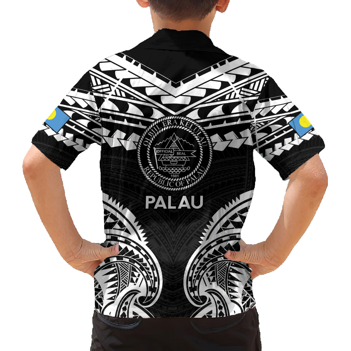 Palau Constitution Day Family Matching Off Shoulder Maxi Dress and Hawaiian Shirt Belau Seal With Polynesian Pattern - Black