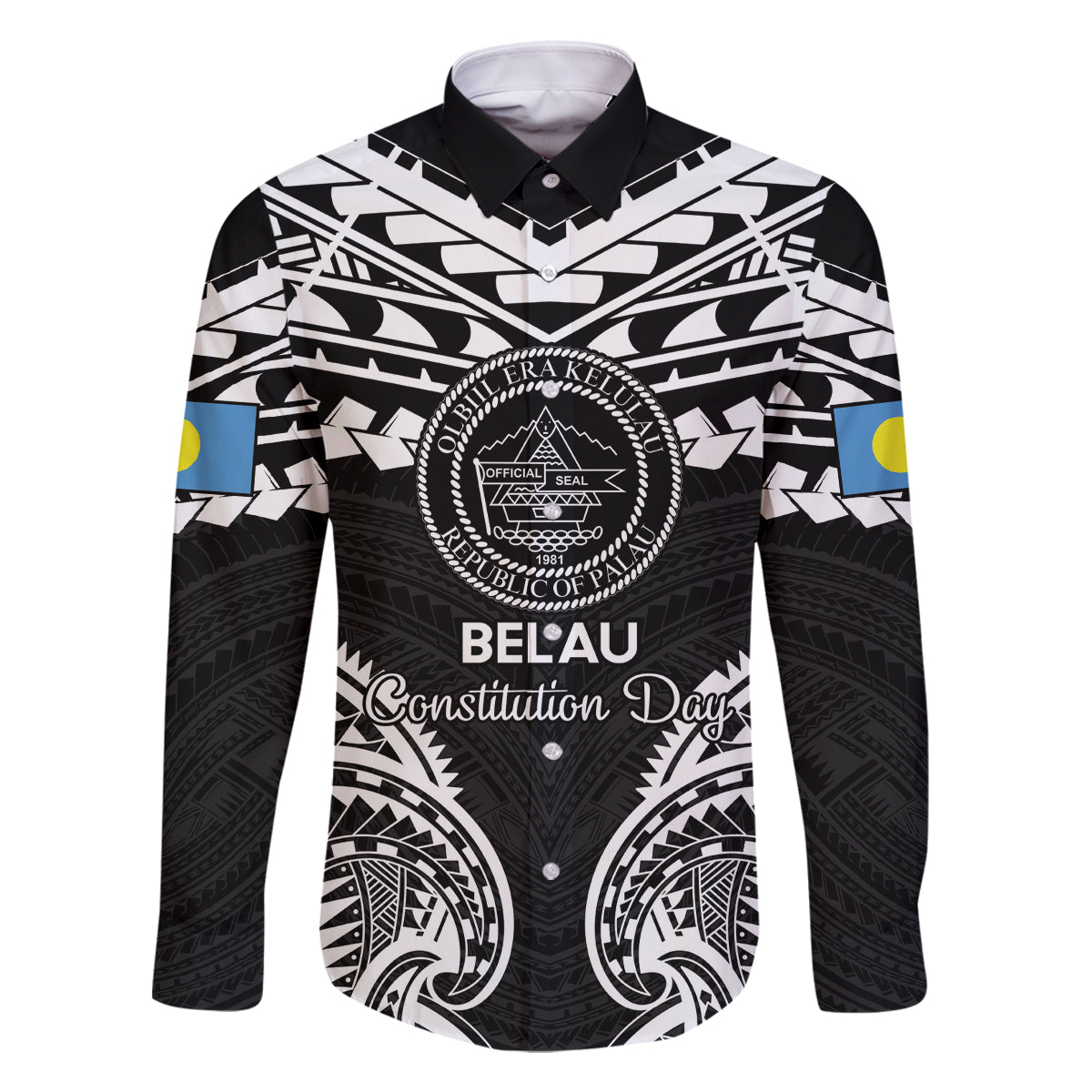 Palau Constitution Day Family Matching Off Shoulder Maxi Dress and Hawaiian Shirt Belau Seal With Polynesian Pattern - Black