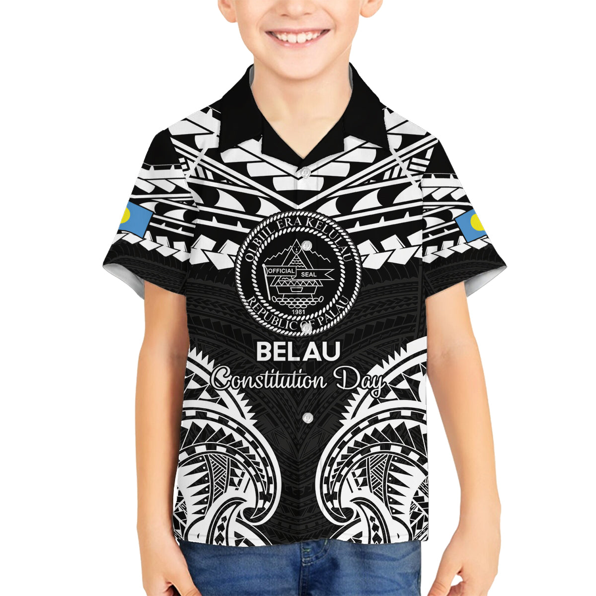 Palau Constitution Day Family Matching Off Shoulder Maxi Dress and Hawaiian Shirt Belau Seal With Polynesian Pattern - Black