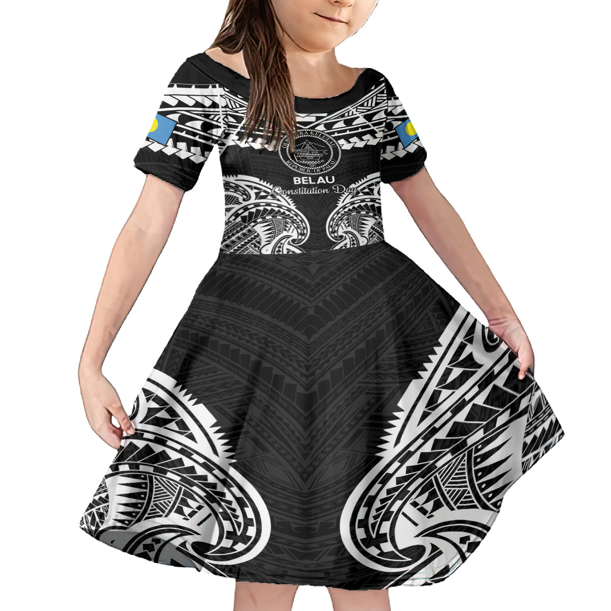 Palau Constitution Day Family Matching Tank Maxi Dress and Hawaiian Shirt Belau Seal With Polynesian Pattern - Black