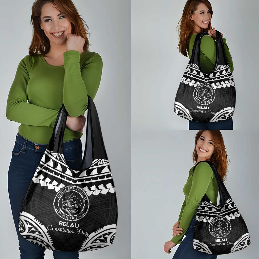 Palau Constitution Day Grocery Bag Belau Seal With Polynesian Pattern - Black