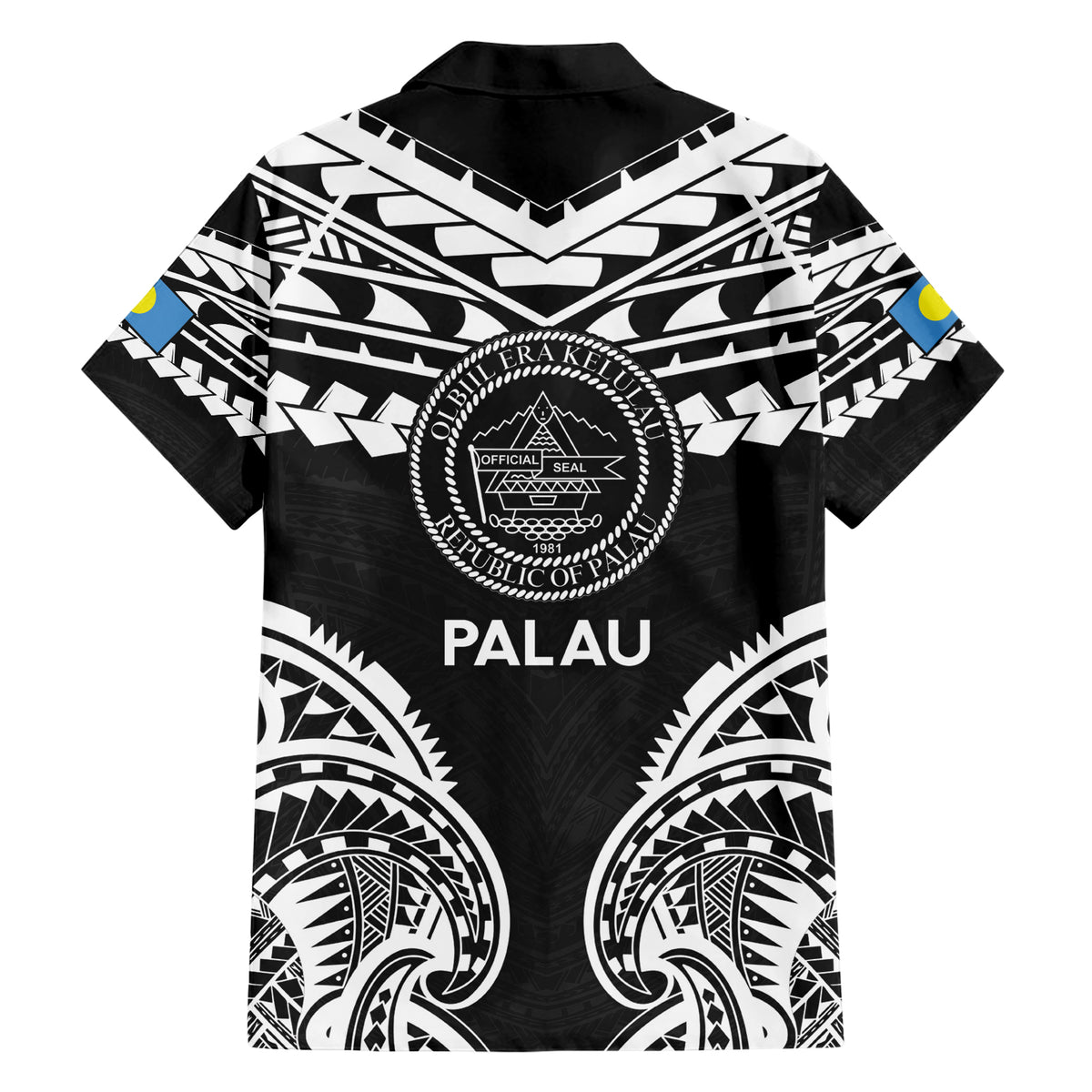 Palau Constitution Day Hawaiian Shirt Belau Seal With Polynesian Pattern - Black