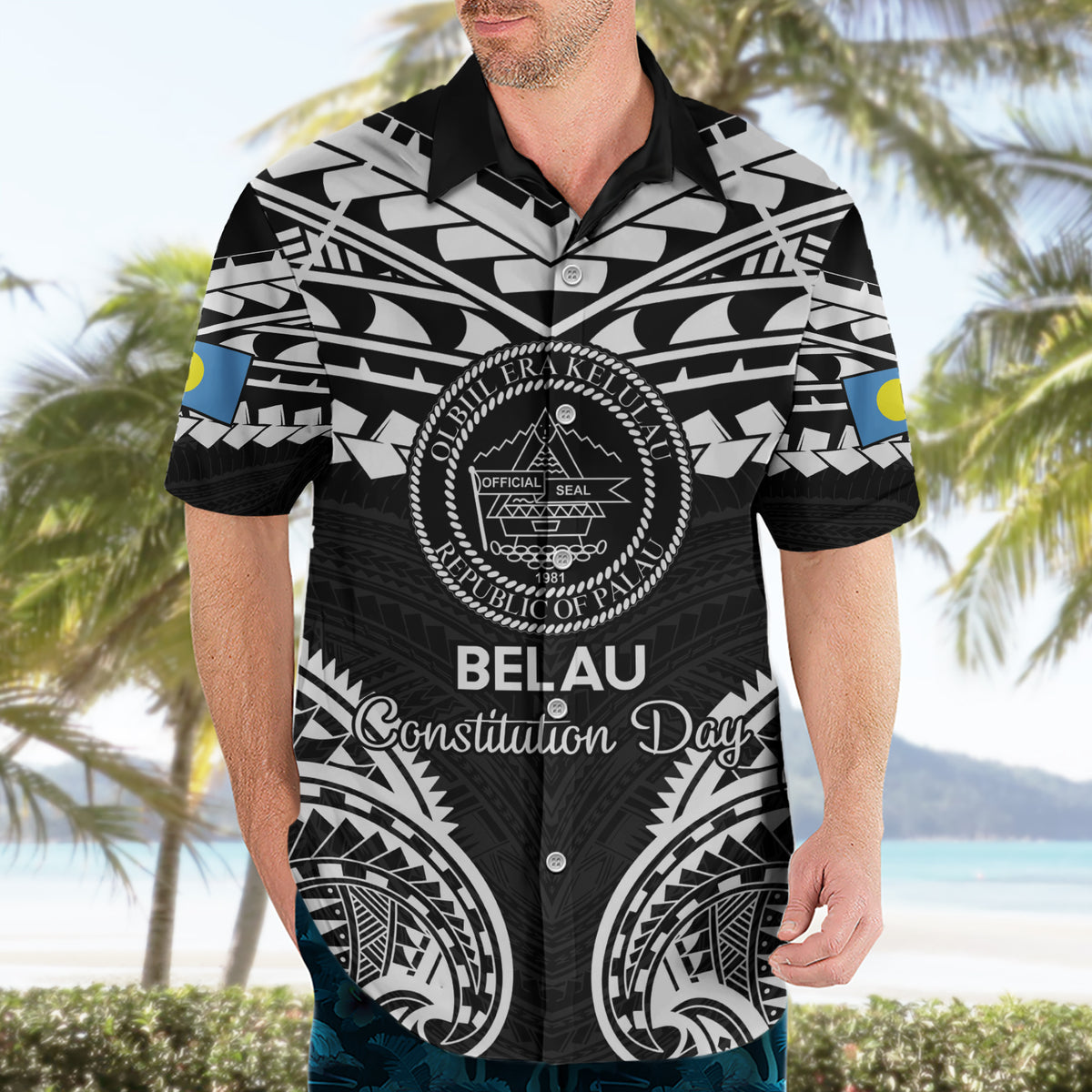 Palau Constitution Day Hawaiian Shirt Belau Seal With Polynesian Pattern - Black