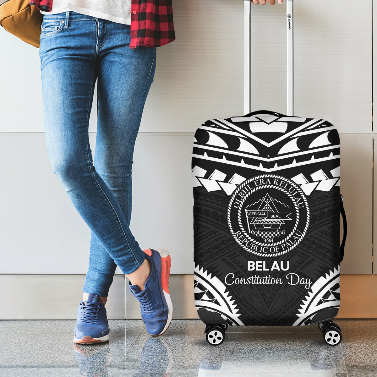 Palau Constitution Day Luggage Cover Belau Seal With Polynesian Pattern - Black