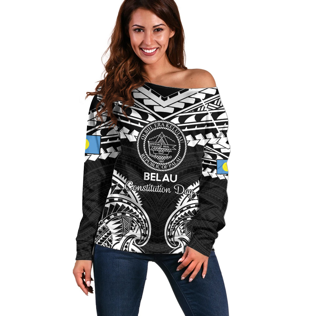 Palau Constitution Day Off Shoulder Sweater Belau Seal With Polynesian Pattern - Black