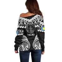 Palau Constitution Day Off Shoulder Sweater Belau Seal With Polynesian Pattern - Black