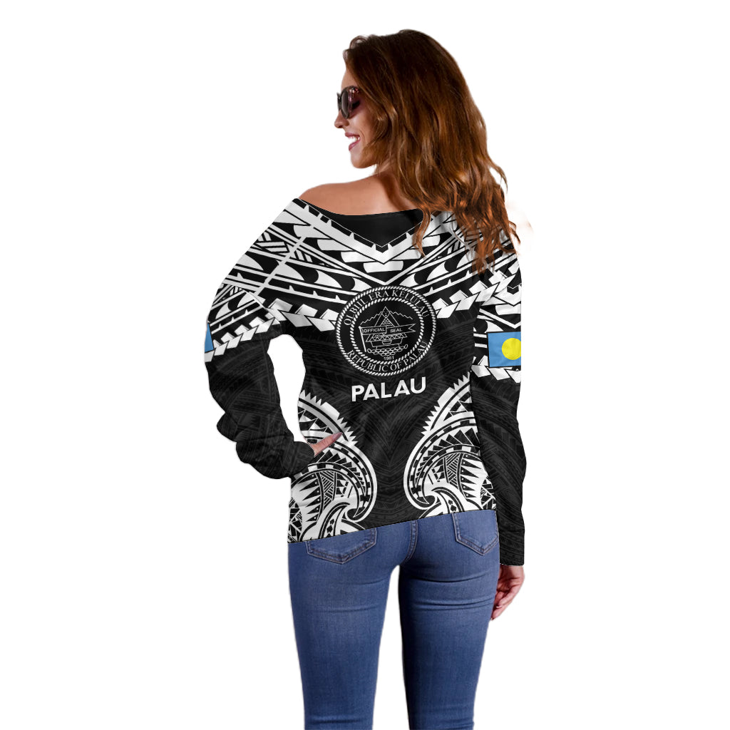 Palau Constitution Day Off Shoulder Sweater Belau Seal With Polynesian Pattern - Black