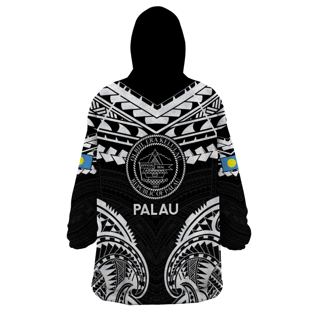 Palau Constitution Day Wearable Blanket Hoodie Belau Seal With Polynesian Pattern - Black