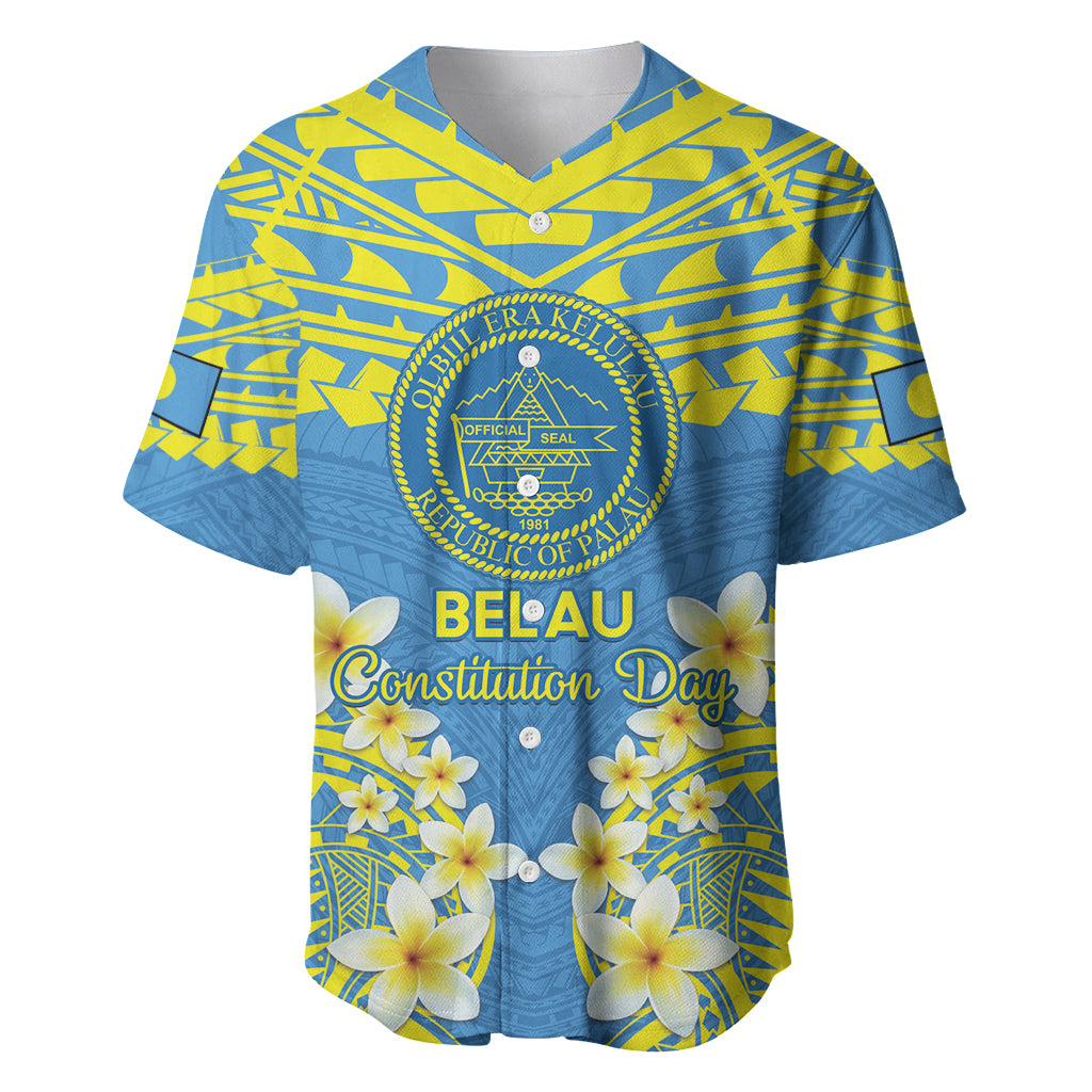 Palau Constitution Day Baseball Jersey Belau Seal With Frangipani Polynesian Pattern - Blue