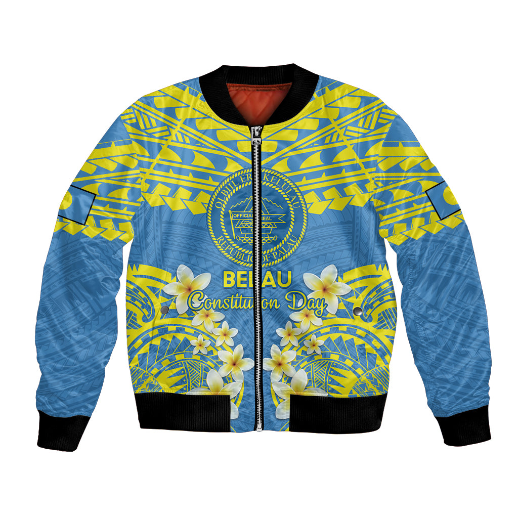 Palau Constitution Day Bomber Jacket Belau Seal With Frangipani Polynesian Pattern - Blue