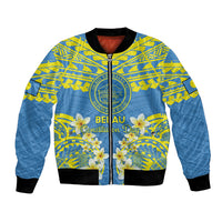 Palau Constitution Day Bomber Jacket Belau Seal With Frangipani Polynesian Pattern - Blue