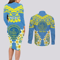 Palau Constitution Day Couples Matching Long Sleeve Bodycon Dress and Long Sleeve Button Shirt Belau Seal With Frangipani Polynesian Pattern - Blue