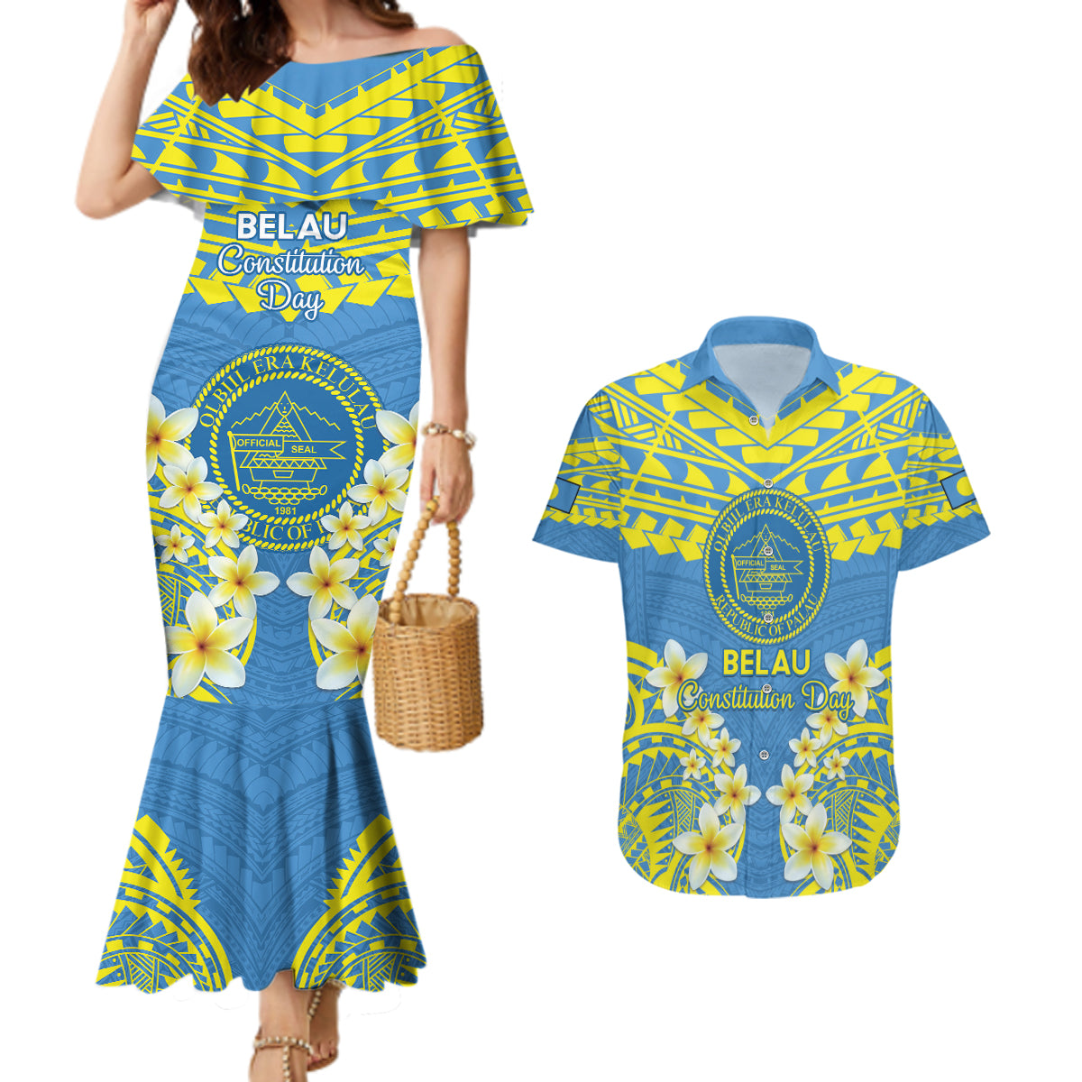 Palau Constitution Day Couples Matching Mermaid Dress and Hawaiian Shirt Belau Seal With Frangipani Polynesian Pattern - Blue