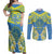 Palau Constitution Day Couples Matching Off Shoulder Maxi Dress and Long Sleeve Button Shirt Belau Seal With Frangipani Polynesian Pattern - Blue