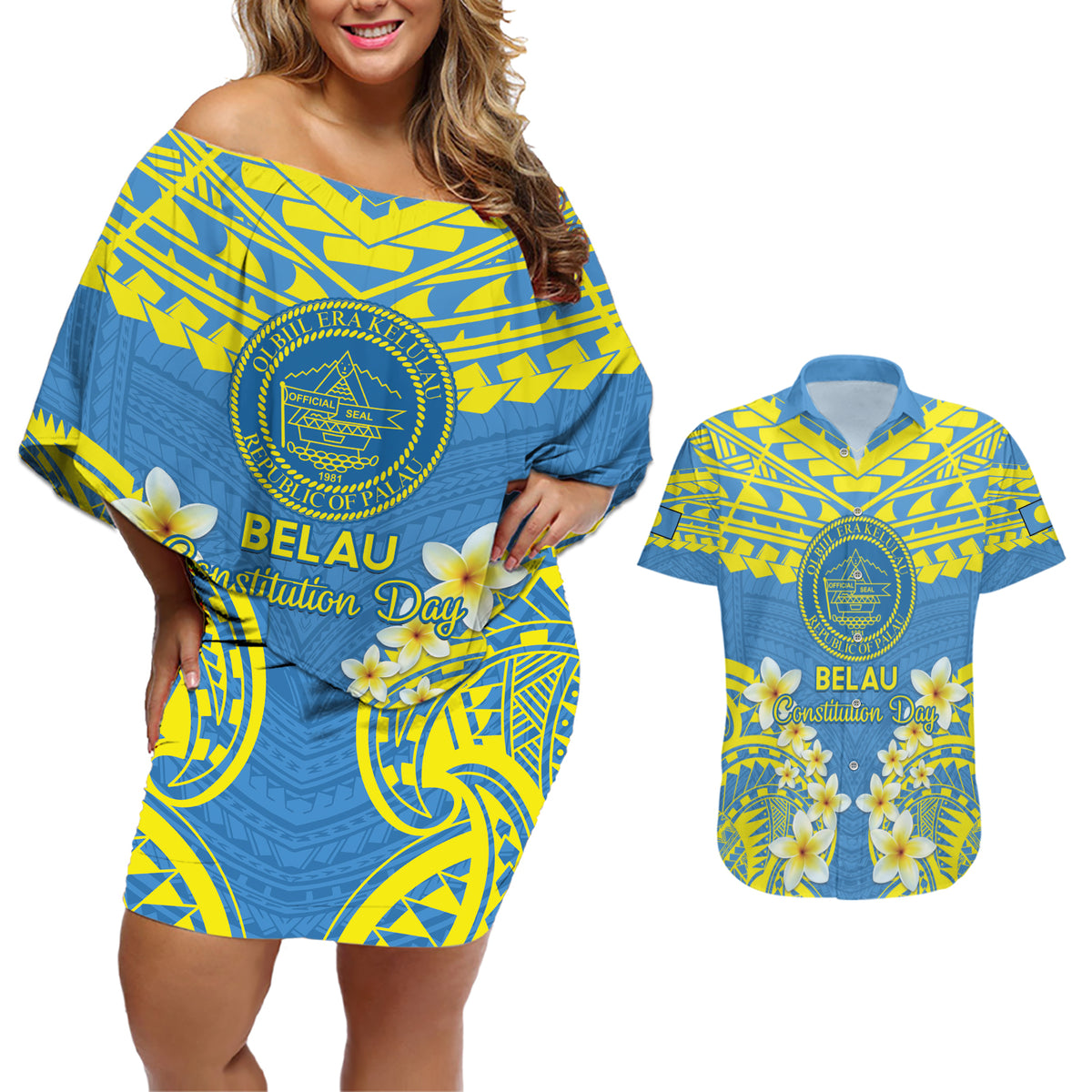 Palau Constitution Day Couples Matching Off Shoulder Short Dress and Hawaiian Shirt Belau Seal With Frangipani Polynesian Pattern - Blue