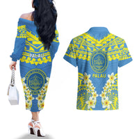 Palau Constitution Day Couples Matching Off The Shoulder Long Sleeve Dress and Hawaiian Shirt Belau Seal With Frangipani Polynesian Pattern - Blue