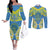 Palau Constitution Day Couples Matching Off The Shoulder Long Sleeve Dress and Long Sleeve Button Shirt Belau Seal With Frangipani Polynesian Pattern - Blue
