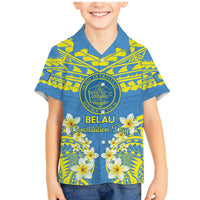 Palau Constitution Day Family Matching Mermaid Dress and Hawaiian Shirt Belau Seal With Frangipani Polynesian Pattern - Blue