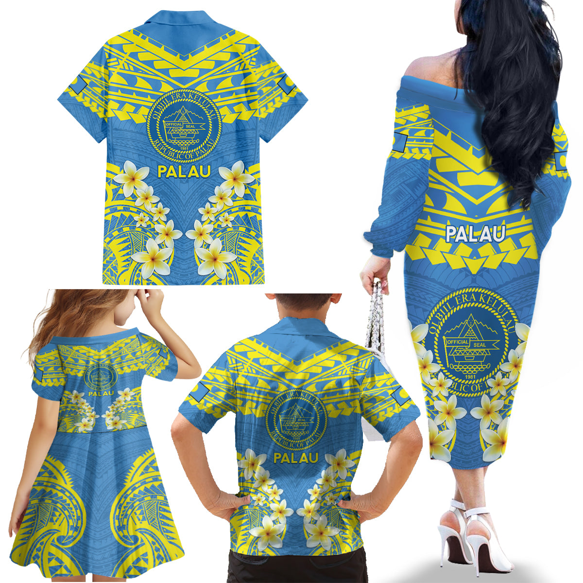 Palau Constitution Day Family Matching Off The Shoulder Long Sleeve Dress and Hawaiian Shirt Belau Seal With Frangipani Polynesian Pattern - Blue