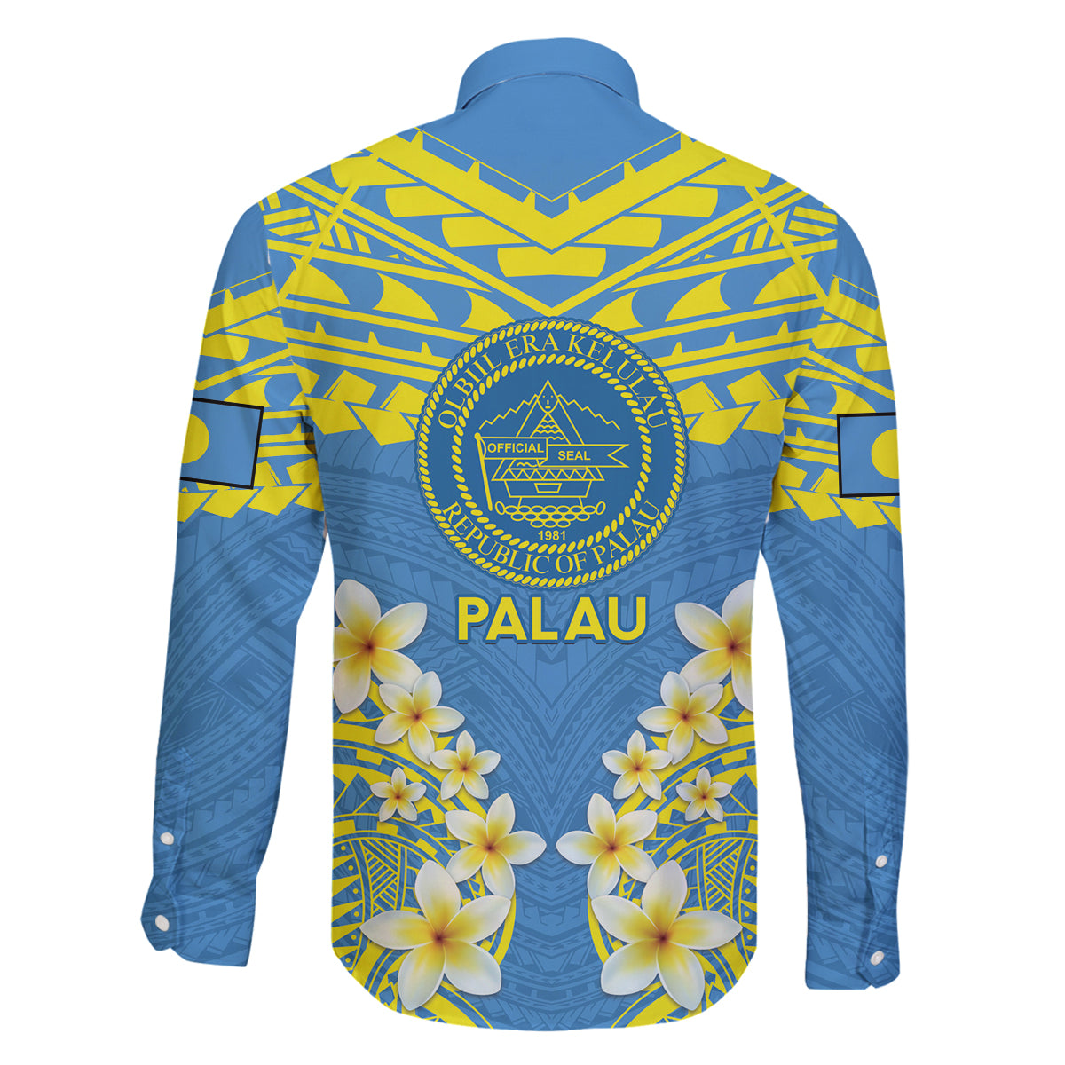 Palau Constitution Day Family Matching Off The Shoulder Long Sleeve Dress and Hawaiian Shirt Belau Seal With Frangipani Polynesian Pattern - Blue