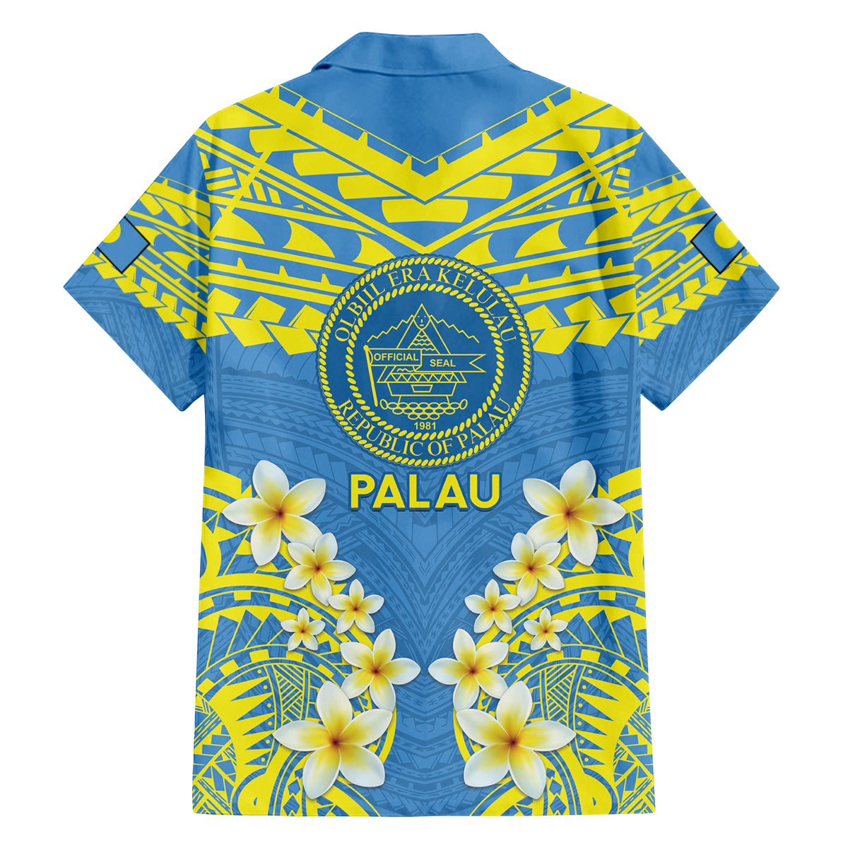 Palau Constitution Day Family Matching Off Shoulder Maxi Dress and Hawaiian Shirt Belau Seal With Frangipani Polynesian Pattern - Blue