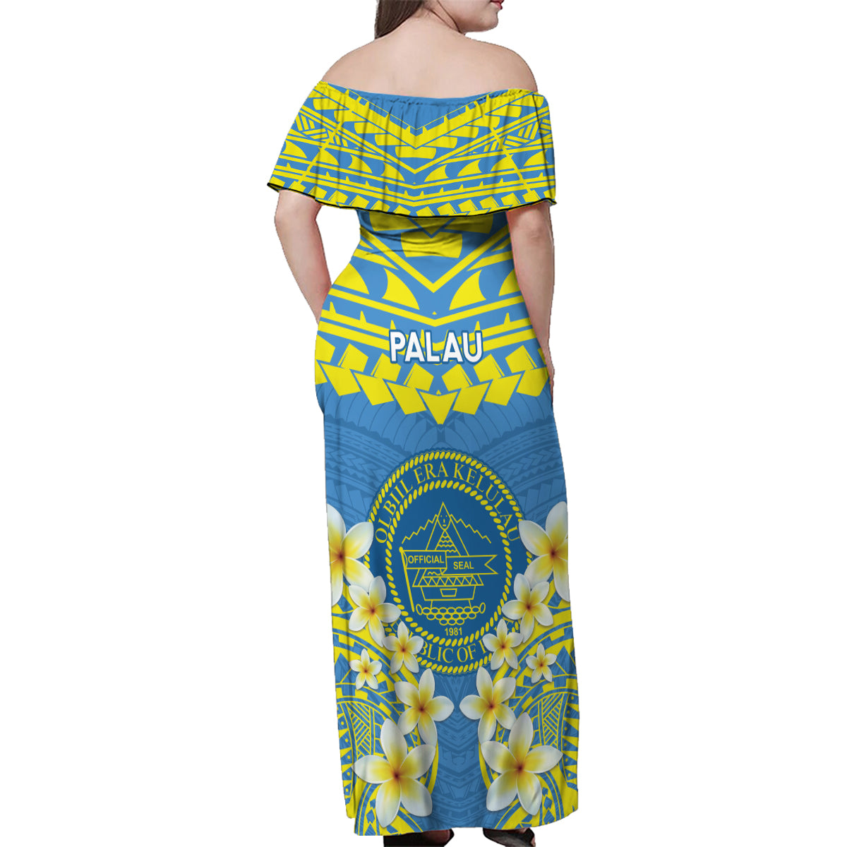 Palau Constitution Day Family Matching Off Shoulder Maxi Dress and Hawaiian Shirt Belau Seal With Frangipani Polynesian Pattern - Blue
