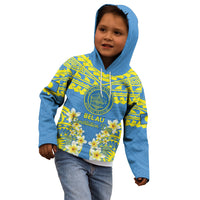 Palau Constitution Day Kid Hoodie Belau Seal With Frangipani Polynesian Pattern - Blue