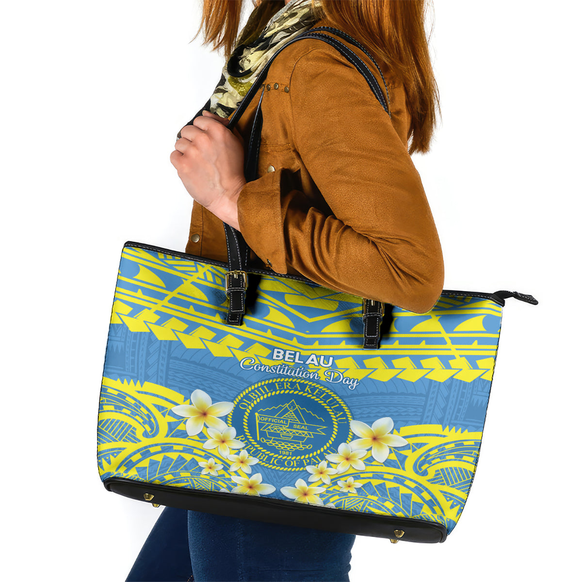 Palau Constitution Day Leather Tote Bag Belau Seal With Frangipani Polynesian Pattern - Blue