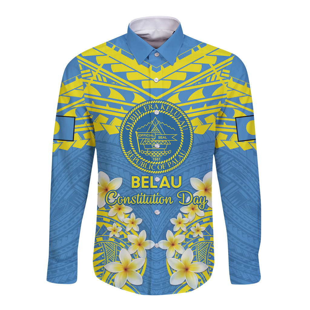 Palau Constitution Day Long Sleeve Button Shirt Belau Seal With Frangipani Polynesian Pattern - Blue