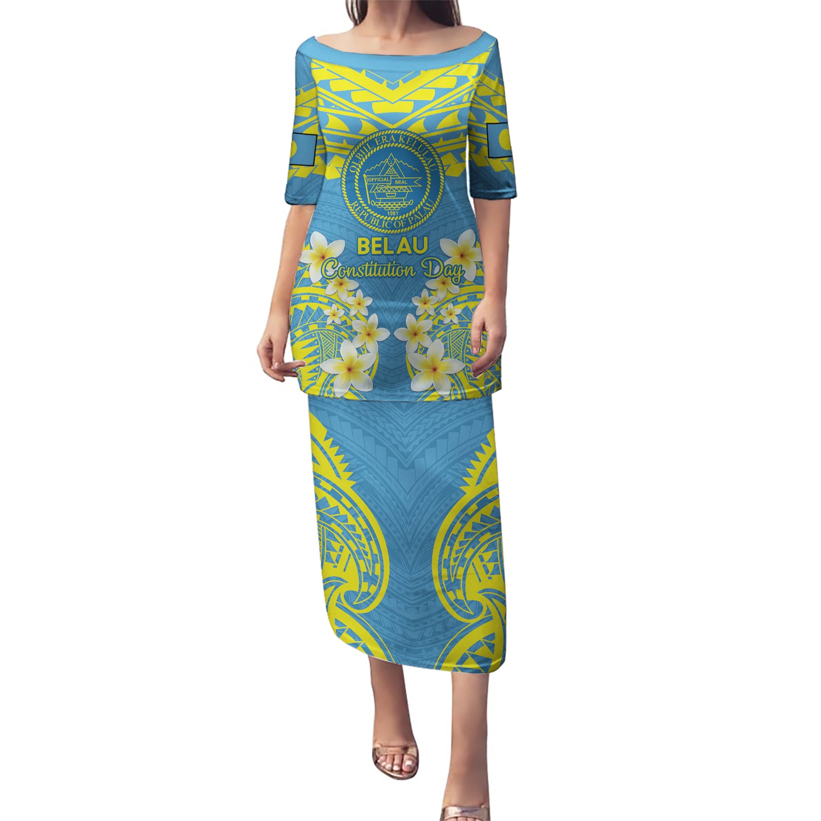 Palau Constitution Day Puletasi Belau Seal With Frangipani Polynesian Pattern - Blue