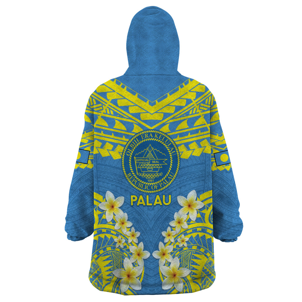 Palau Constitution Day Wearable Blanket Hoodie Belau Seal With Frangipani Polynesian Pattern - Blue