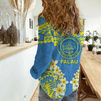 Palau Constitution Day Women Casual Shirt Belau Seal With Frangipani Polynesian Pattern - Blue