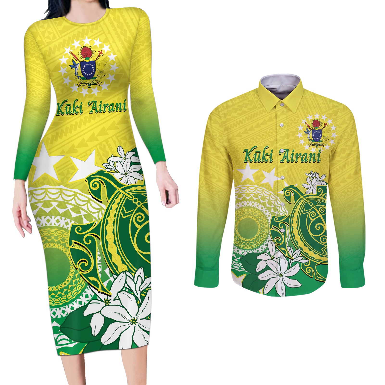 Cook Islands Independence Day Couples Matching Long Sleeve Bodycon Dress and Long Sleeve Button Shirt Kuki Airani Tiare Maori Polynesian Pattern - Green