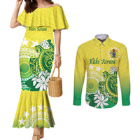 Cook Islands Independence Day Couples Matching Mermaid Dress and Long Sleeve Button Shirt Kuki Airani Tiare Maori Polynesian Pattern - Green