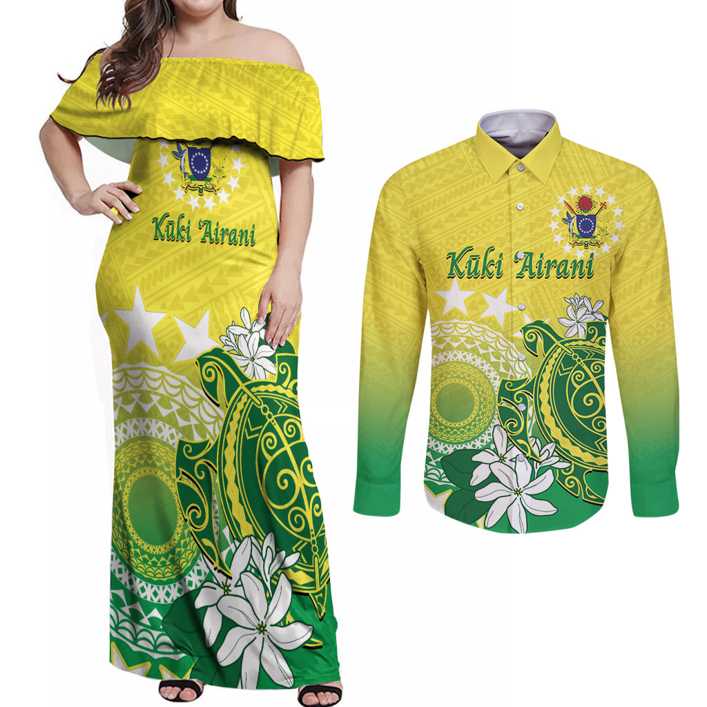 Cook Islands Independence Day Couples Matching Off Shoulder Maxi Dress and Long Sleeve Button Shirt Kuki Airani Tiare Maori Polynesian Pattern - Green