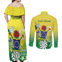 Cook Islands Independence Day Couples Matching Off Shoulder Maxi Dress and Long Sleeve Button Shirt Kuki Airani Tiare Maori Polynesian Pattern - Green