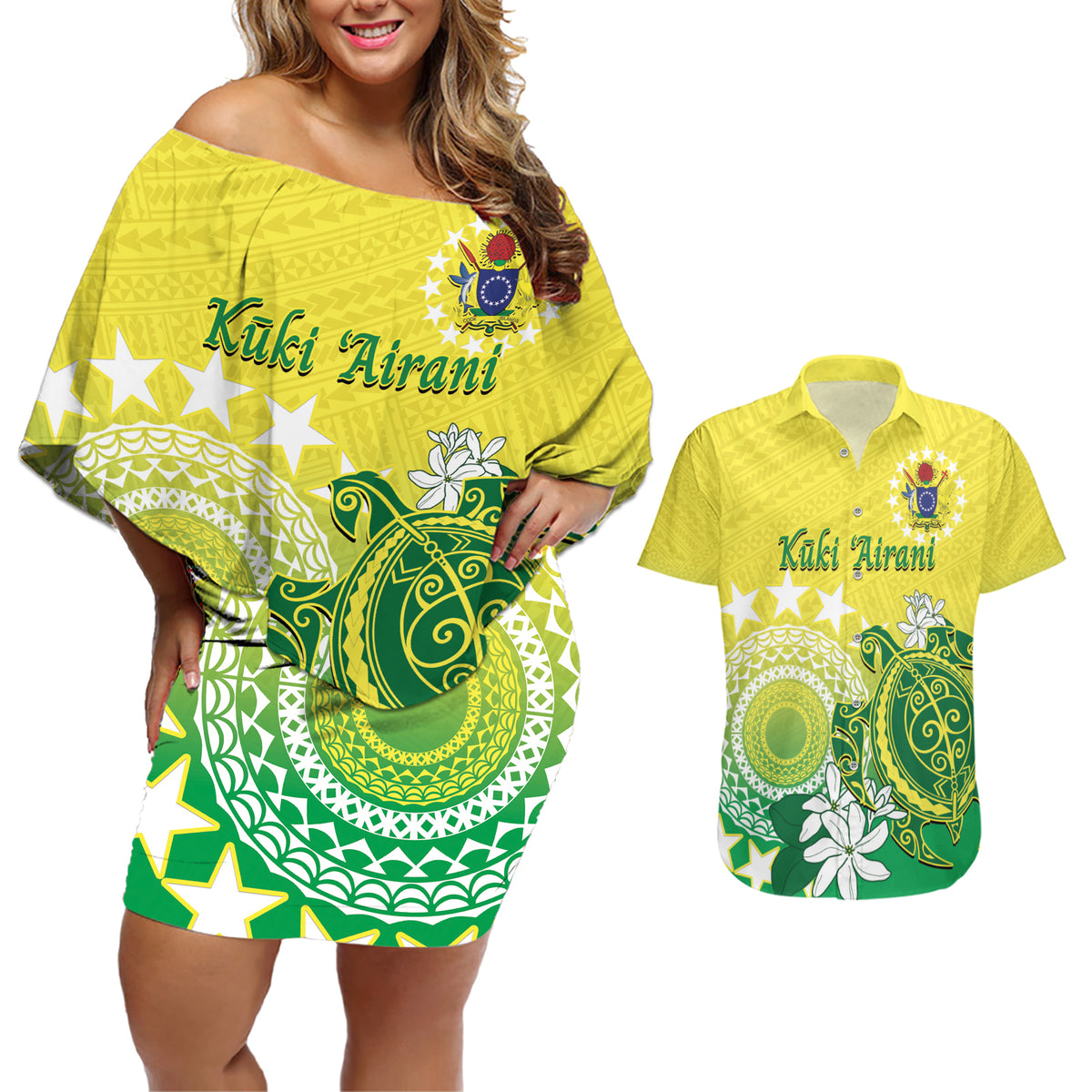Cook Islands Independence Day Couples Matching Off Shoulder Short Dress and Hawaiian Shirt Kuki Airani Tiare Maori Polynesian Pattern - Green