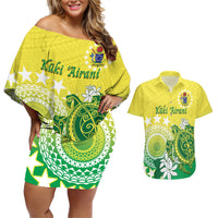 Cook Islands Independence Day Couples Matching Off Shoulder Short Dress and Hawaiian Shirt Kuki Airani Tiare Maori Polynesian Pattern - Green