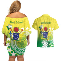 Cook Islands Independence Day Couples Matching Off Shoulder Short Dress and Hawaiian Shirt Kuki Airani Tiare Maori Polynesian Pattern - Green