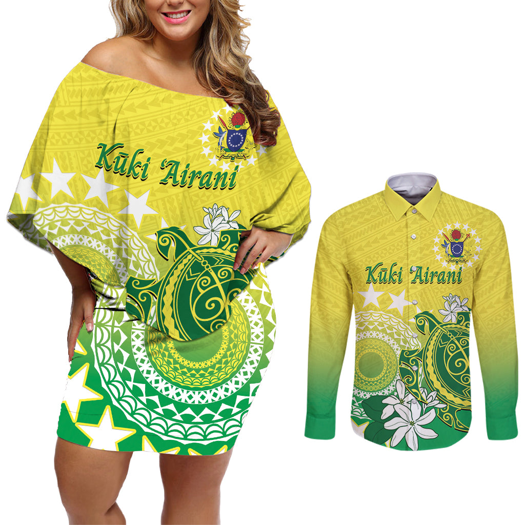 Cook Islands Independence Day Couples Matching Off Shoulder Short Dress and Long Sleeve Button Shirt Kuki Airani Tiare Maori Polynesian Pattern - Green