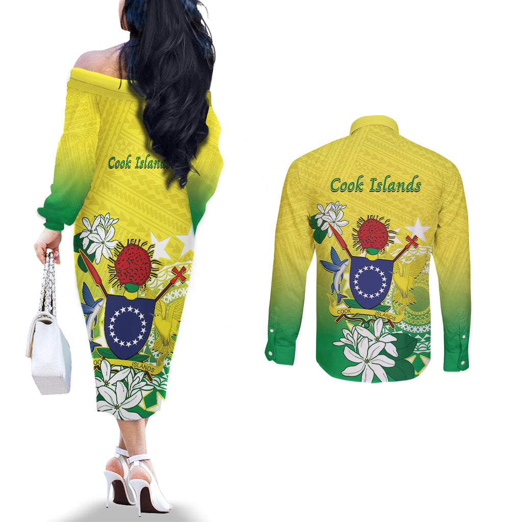 Cook Islands Independence Day Couples Matching Off The Shoulder Long Sleeve Dress and Long Sleeve Button Shirt Kuki Airani Tiare Maori Polynesian Pattern - Green