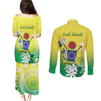 Cook Islands Independence Day Couples Matching Puletasi and Long Sleeve Button Shirt Kuki Airani Tiare Maori Polynesian Pattern - Green