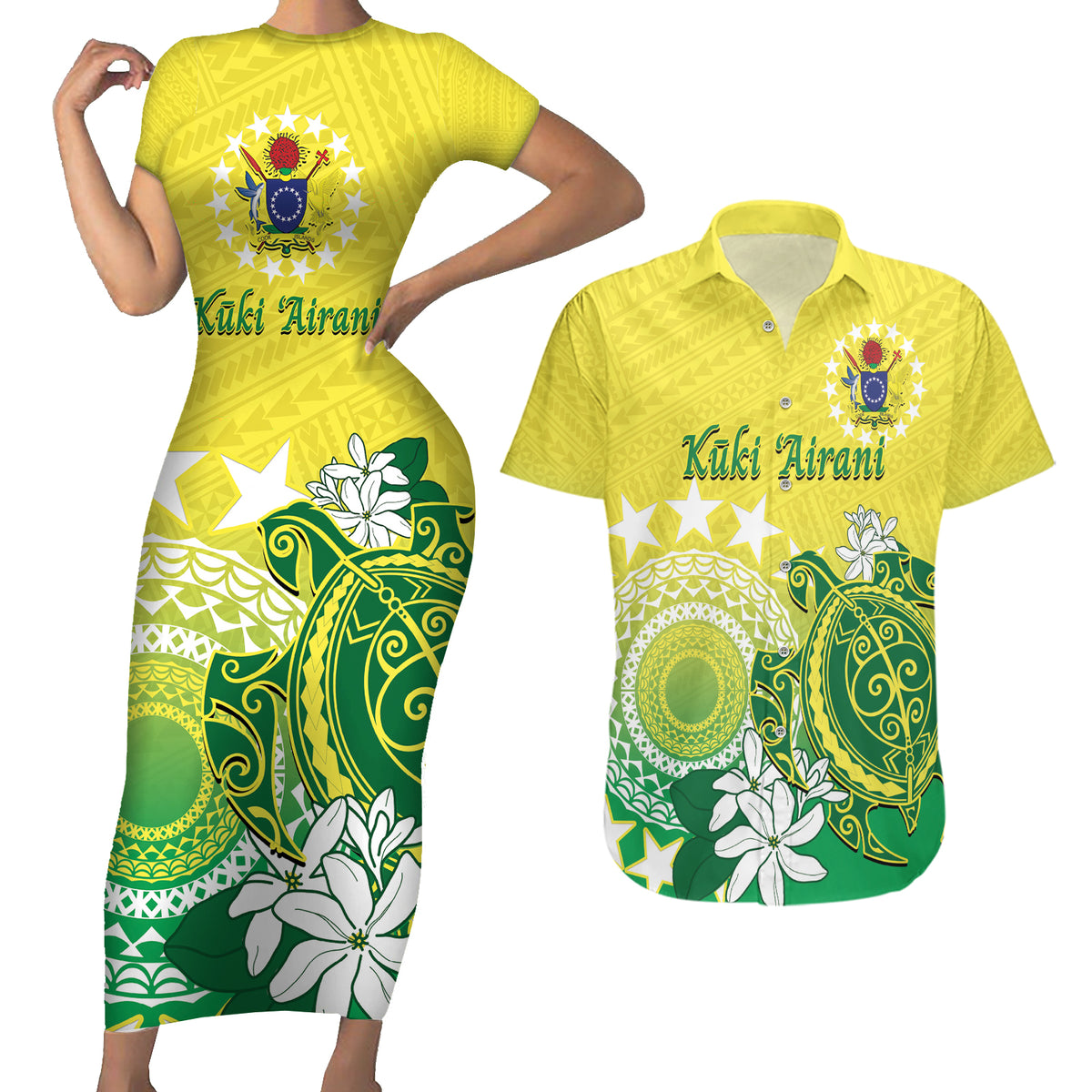 Cook Islands Independence Day Couples Matching Short Sleeve Bodycon Dress and Hawaiian Shirt Kuki Airani Tiare Maori Polynesian Pattern - Green LT14 Green - Polynesian Pride