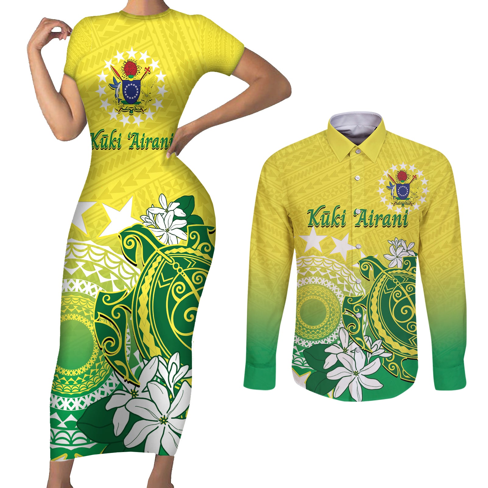 Cook Islands Independence Day Couples Matching Short Sleeve Bodycon Dress and Long Sleeve Button Shirt Kuki Airani Tiare Maori Polynesian Pattern - Green