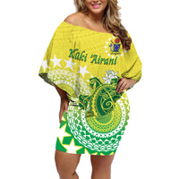 Cook Islands Independence Day Family Matching Off Shoulder Short Dress and Hawaiian Shirt Kuki Airani Tiare Maori Polynesian Pattern - Green